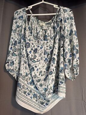 Max Studio White Blouse with Blue Floral Print